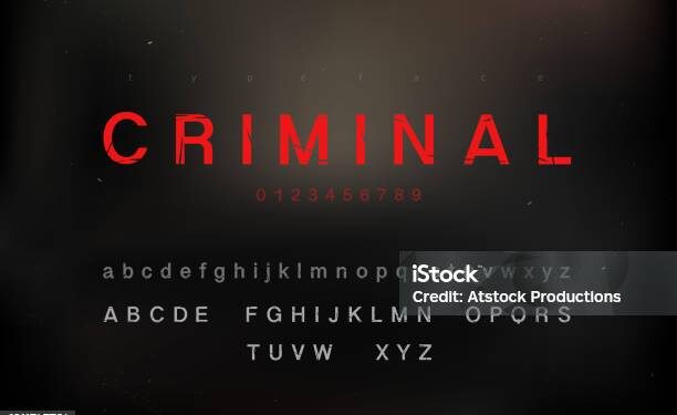 Scratched criminal theme alphabet font set with uppercase lowercase and numbers on dark backround