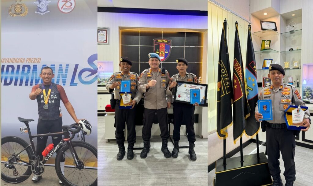 AKP Sofyanto menerima penghargaan atas prestasi olah raga sepeda dan Bripda angga istimewa atas prestasi olah raga Badminton dari Kabid Propam Polda Aceh Kombes Pol. Eddwi Kurniyanto, S.I. K., S. H., M. H, pada selasa tanggal 16 Juli 2024.